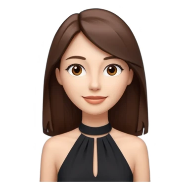 emoji-style illustration of a stylish pretty happpy woman with long straight brown hair, wearing a dark halter neck dress, elegant and minimalistic look, front-facing, soft 3D cartoon rendering, plain background sticker