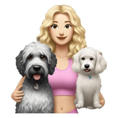 white woman with long blonde hair and cat shaped eyes wearing a yoga outfit standing alongside a black and white colored bernadoodle dog sticker