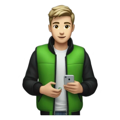 A 20-year-old boy with very short hair in a black jacket and vest stands in a green elevator, holding a white iPhone 14pro in his hand. sticker