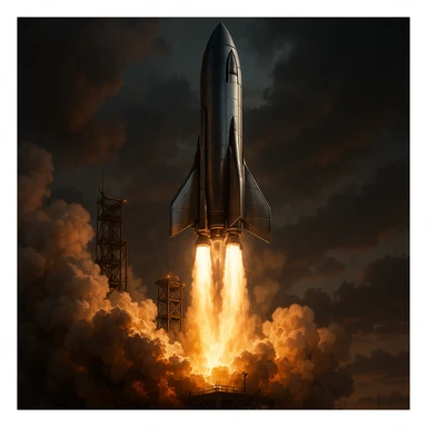 futuristic rocket ship blasting off from a launch pad with dramatic lighting and billowing smoke cinematic detailed style sticker