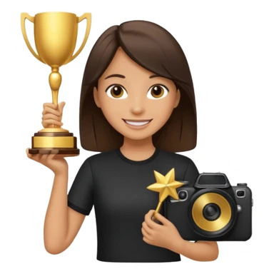 A brunette girl smiling, she’s a proud and successful filmmaker 🍿🌍✨ she’s next to a camera, / holding awards  sticker