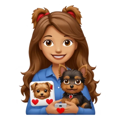 smiling woman with long brown wavy hair holding a Yorkshire Terrier, next to an iPhone and a red sale sticker, emoji style sticker
