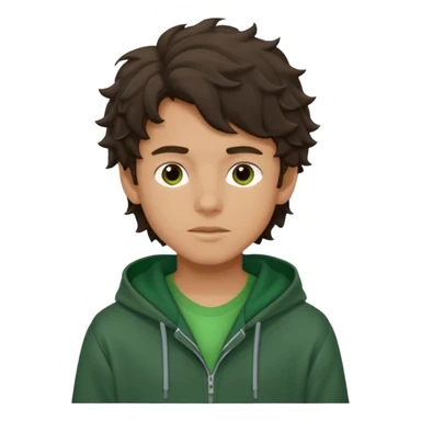 a 14 year old slightly tanned teenage boy with dark brown tousled wavy hair, wearing a green tshirt, with a dark green hoodie overcoat sticker