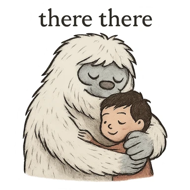 Reduce the file size to be smaller than 1MB, keep the background transparent, and preserve the 'there there' text through the head of the Abominable Snowman hugging the much smaller kid. Maintain the original style and details. sticker