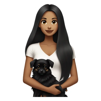 a beautiful girl with tan skin and black straight long hair holding an all black puppy pomeranian sticker