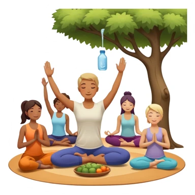 A person moves through a gentle yoga pose in the morning sun, one hand reaching up, the other near a plate of vibrant whole foods and a bottle of water. A cozy bed sits behind them, glowing softly. Nearby, a small group of friends laughs together under a tree—health, movement, nourishment, rest,  sticker