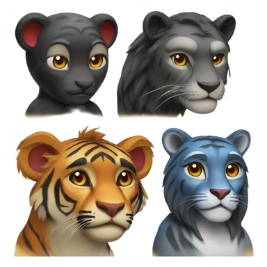Create an emoji set of four main characters: a monkey, a tiger, a cat and a lioness. The main color is black, and the detail colors are: red for the tiger, blue for the cat, gold for the lioness, orange for the monkey sticker