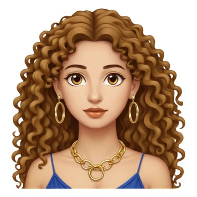 attractive Greek woman with long curly hair and light skin wearing gold hoop earrings and a gold necklace sticker