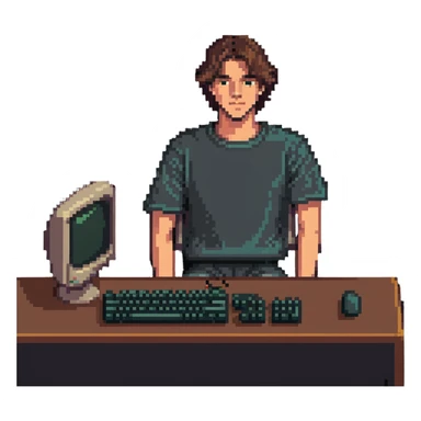 Young man sitting at an old school desktop computer with large monitor and keyboard sticker