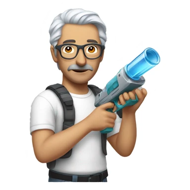 Turkish man with grey hair and protective glasses and white t-shirt aiming a small water gun with one hand while standing sideways sticker