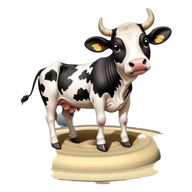 A black and white spotted cow head on top of the planet Saturn with its rings, and enormous human feet wearing shoes supporting the whole structure sticker