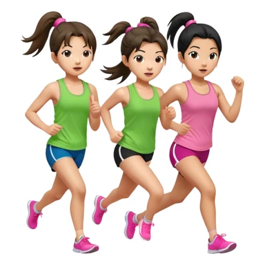 two asian girls ponytail. one with green tank top and pink tank top running sticker