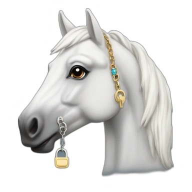 White stallion mustang wearing a key around the neck only necklace no mouth strap showing neck sticker