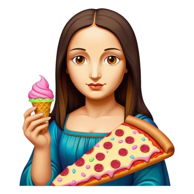 pop art neon Monalisa holding Melted spam meat ice cream pizza slice sticker