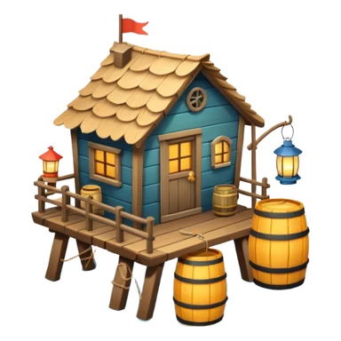 
fisherman house on a wooden pier, small dock, fishing nets hanging, barrels, lantern, ocean vibe, 3D cartoon, cute mobile game icon, clean background, no text
 sticker