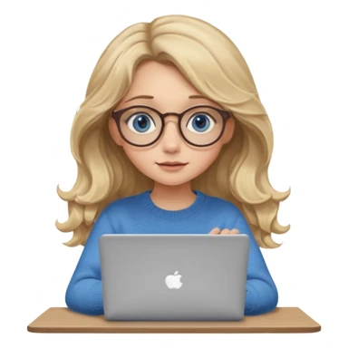 blonde girl with long dark blonde wavy hair, blue big eyes, pantos-style glasses, a brown sweater, sitting and looking in laptop, soft pastel, upper body shot sticker