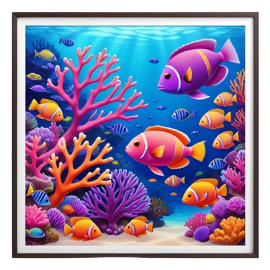 Cinematic Realistic Coral Reef Emoji in a wooden frame, Vibrant and alive, with colorful corals in hues of pink, purple, and orange, swaying gently with the underwater currents. Schools of tropical fish dart between the coral, with soft rays of sunlight piercing through the clear blue water above, creating a magical, serene underwater world. Soft glowing outline, capturing the essence of the bustling, colorful, and peaceful aquatic paradise. sticker