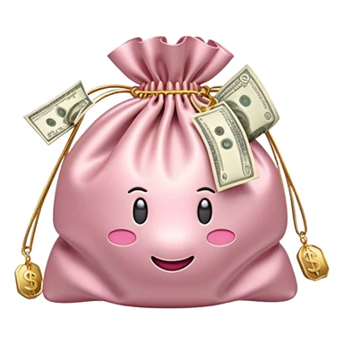 Soft pink satin money bag overflowing with cash, subtle luxury, no logos, 3D emoji style. sticker