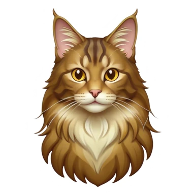 Cinematic Maine Coon Cat Portrait Emoji, Elegant and alert, sleek brown, gold, and cream tones, Simplified yet sharp features, highly detailed, glowing with a warm, confident glow, high shine, intelligent and poised, stylized with an air of grace, focused and attentive, soft glowing outline, capturing the essence of strength and grace, so lifelike it feels as though it could spring into motion with its majestic tail swishing at any moment! sticker