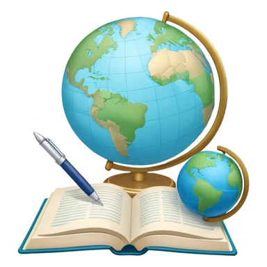 Create an emoji representing language translation. The design should feature a single globe in the background, symbolizing international communication. In front of the globe, place two opened books, with texts in it and a pen nearby to indicate the act of writing and vocabulary. Use a clean and professional color palette with blues, greens, and neutral tones. Do not include any emojis or smiley faces. Make the background transparent sticker
