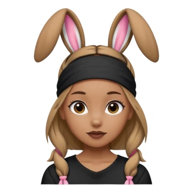 "A tan-skinned person with a high brown ponytail wearing a headband with black bunny ears. The character is dressed in a stylish black outfit. The emoji style should be cute, expressive, and modern — simple but detailed enough to show the ponytail, bunny ears, and outfit clearly." sticker