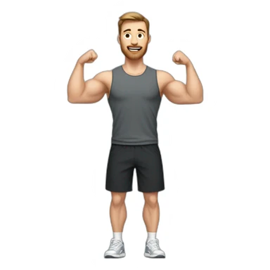 Full height Actively gesturing with hands Pale skinned Fit Man With the biceps and brown hair in dark gray Sleeveless Mike, black oversize sports shorts, watch and white Sneakers sticker