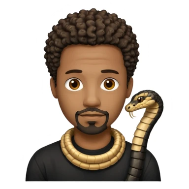 Homme couleur de peau noir, yeux marron avec un bouc que le menton, cheveux court et bouclé crépus avec dégradé sur le côté, avec un cobra à côté , t-shirt noir  sticker