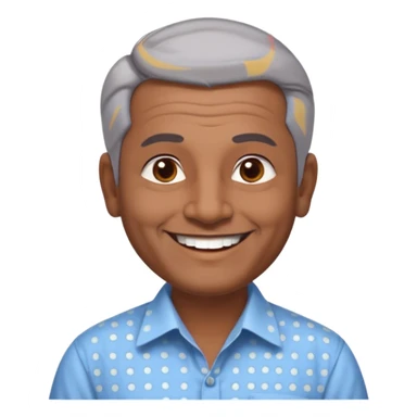 50 yr old indian man, dark skin, grey hair, big smile, white teeth, chubby, no moustache, clean shaven, young style hair, hair brushed back, 5 oclock shadow, bindy on forehead, dress shirt, forehead dot sticker