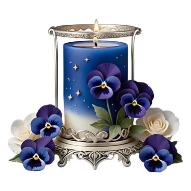 A dreamy celestial composition showcasing deep blue pansies with velvety petals, arranged around an intricately carved pearl-colored candle. The silver crescent moon in the background radiates a soft, celestial glow, illuminating swirling clouds with a hint of stardust. Floating lanterns drift gently through the night sky, casting warm, golden light. The scene is framed by delicate silver filigree patterns, giving it an elegant, almost magical feel. sticker