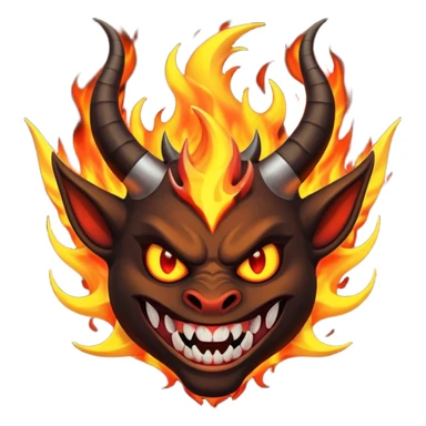 Create a dark-themed emoji of a demonic face with sharp, curved horns, glowing white eyes, an evil grin with large pointed fangs, and abstract flame-like patterns around the face.  sticker