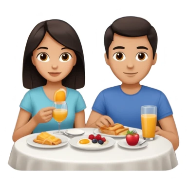 pon una pareja desayunando sedayuno de hotel pareja de pelo moreno sticker