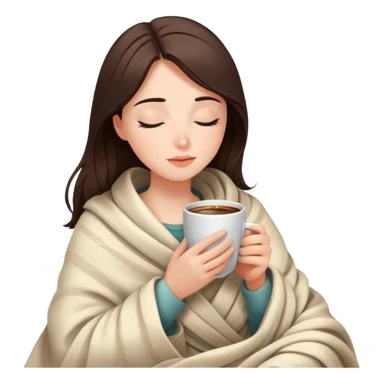 Brunette girl wrapped in cozy blanket sipping hot coffee with eyes closed sticker