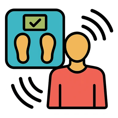 iOS app icon with a smart scale and a human figure, surrounded by digital scan waves, conveying technology-driven, personalized weight loss recommendations sticker