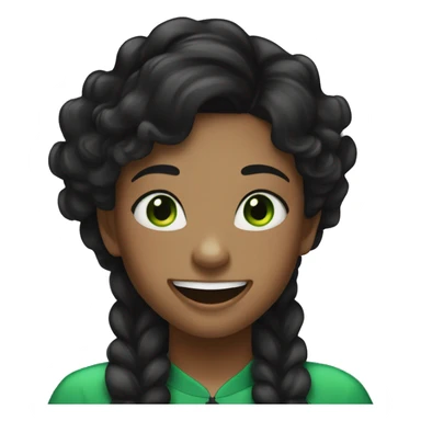 black-haired girl with green eyes, wearing braces, laughing, wearing a black tracksuit, long, slightly wavy hair sticker