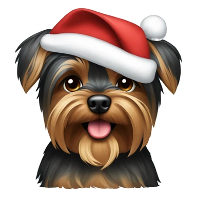 brown and black Yorkshire terrier with a Christmas hat sticker