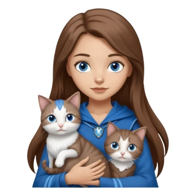 gorgeous Girl with light skin, blue eyes, long brown hair, wears a ravenclaw outfit, with a grey and white cat holding in her arms sticker