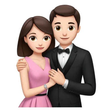 Brunette girl, with an engagement ring on her finger hugging a handsome man, (her boyfriend) both of them happy, she’s wearing a pink dress, he is wearing a black suit, he’s also a rich businessman, and there is the 💜 purple heart emoji on top. They look in love with each other.  sticker