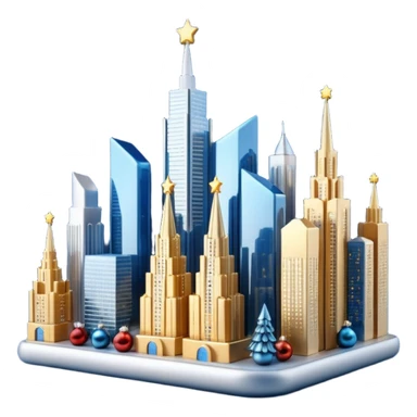 3D emoji of Moscow City business district skyline. A cluster of stylized skyscrapers with different shapes (gold, blue, silver). Decorated with tiny glowing Christmas lights. Soft 3D render, clay and glass textures, Apple aesthetic, isolated on a white background. sticker