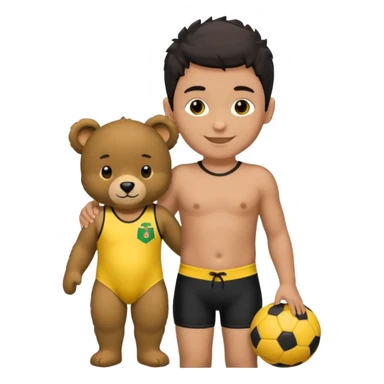 Une garçon qui a les cheveux noir qui sourit il a un maillot de l’algerie et qui a un doudou sur son epaule un ours jaune qui a des habille noir sticker
