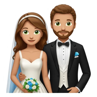 wedding couple woman with long straight brown hair and green eyes man with short light brown curly hair and facial hair with blue eyes sticker
