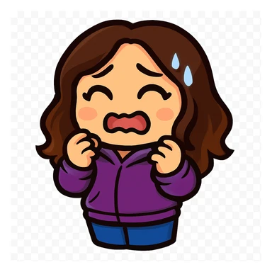 Sticker style chibi emote, matching the attached green heart emote as a base, but with a slightly skinnier body and a bigger chest. Woman from reference, purple hoodie and blue jeans, scared/EEK!, cute scared face, no headband, no wand, no green heart, transparent background. Top color should not match jeans. sticker