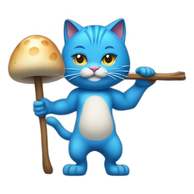 Strong muscles Blue cat NO ears  wearing a mushroom cap carrying a stick in one arm standing on two legs with pants sticker