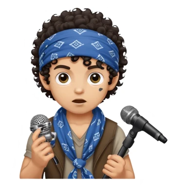 ugly medium skin boy with bandana on head and dark curly hair and HUGE eyes and holding a microphone sticker