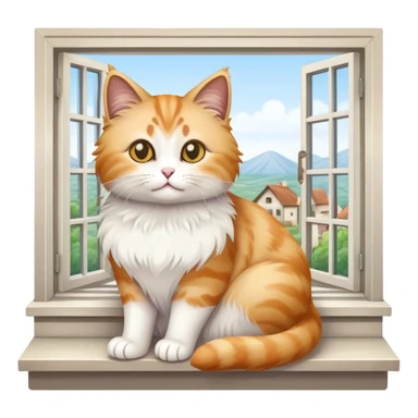 fluffy sprat-colored cat sits on the windowsill in a village house sticker