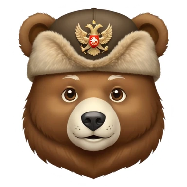 Friendly bear face wearing traditional Russian ushanka hat with double-headed eagle emblem, iOS emoji style sticker