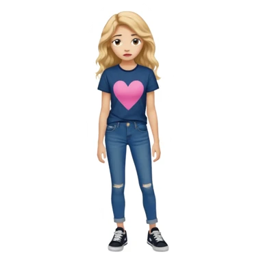 > 14-year-old girl, 161cm, slender, long wavy golden hair, tan skin, full pink lips, long lashes, thick eyebrows, dark blue t-shirt, faded jeans, black sneakers, quiet sadness in her expression, soft moody lighting, ultra-realistic portrait. sticker