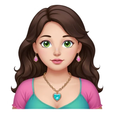 Girl girl long wavy dark brown hair with middle part, green/blue/gold eyes, plus size, pink girly top, right nostril rose gold nose ring, pink heart crystal necklace  sticker