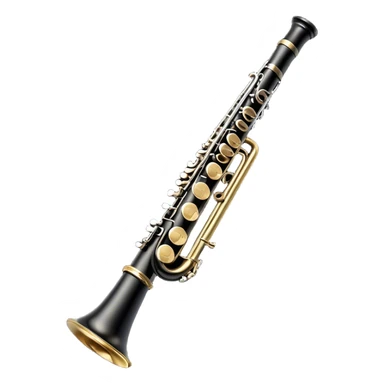 Create an elegant and detailed emoji representing a clarinet. The design should feature the sleek, black wood finish of the clarinet with its shiny metal keys clearly visible. Highlight the intricate details, such as the bell at the end and the carefully crafted mouthpiece with the reed. Use black wood tones for the body of the instrument and silver or brass accents for the keys. Add subtle musical notes or soundwaves floating around the instrument to evoke the smooth, melodic sound of the clarinet. The background should be transparent. sticker