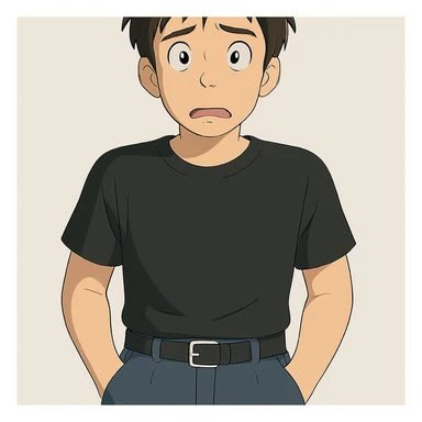 Make the man in the Ghibli style in the same position, but with a confused expression sticker