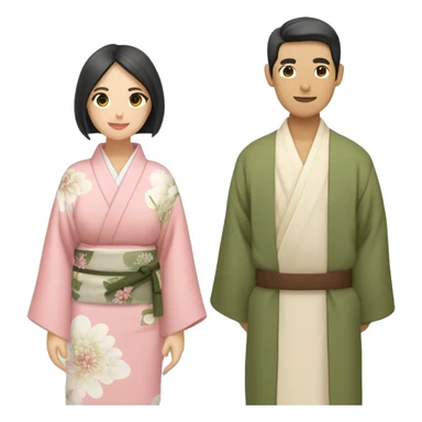 asian couple in kimono - man wearing kimono with olive green inside and brown outside and beige fabric belt, woman wearing light pink kimono with pastel florals of different colors sticker